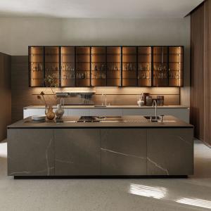 China Luxury Quartz Countertops Kitchen Cabinets Complete Contemporary Glass Door Wall Cabinets Kitchen Design factory