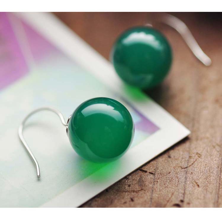 925 Sterling Silver Green Onyx Bead Dangle Earrings(011634GREEN)