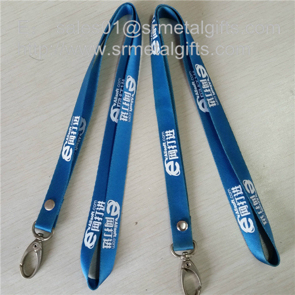 China Rivet seal polyester neck strap lanyard with metal clip hook, blue ribbon with rivet, factory