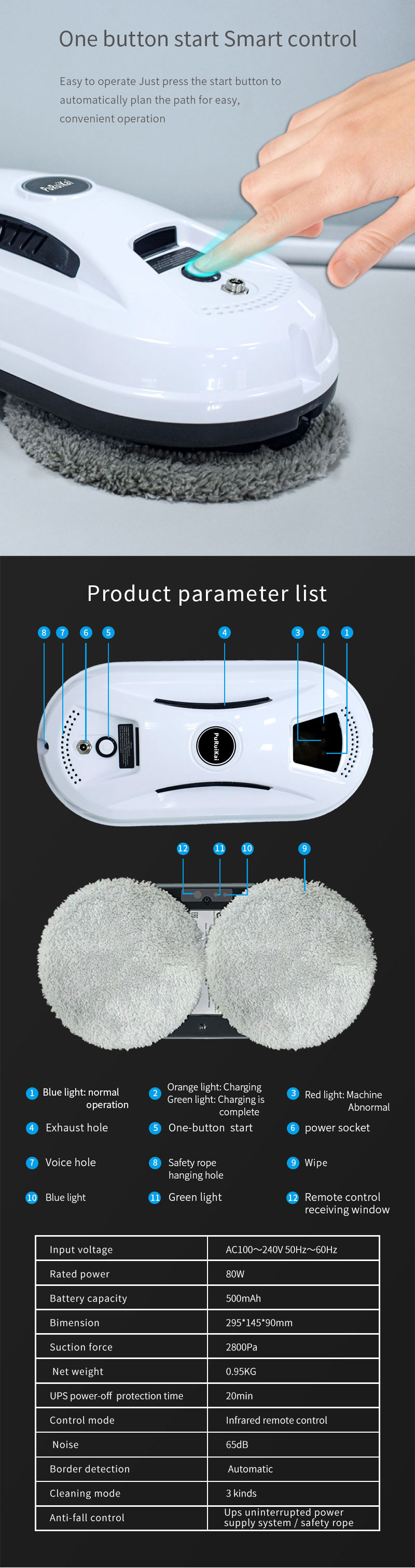 295 X 145mm Window Cleaner Robot 2min/M2 Hi Rise Automatic Window Washer Machine