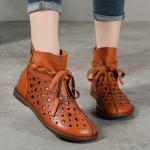 S482 Leather Hollow Breathable High-Top Round-Toe Women'S Shoes Ethnic Style