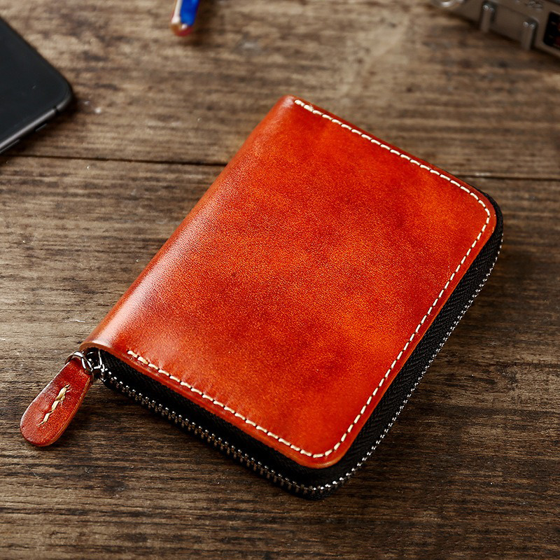 Retro Style Short Zipper Wallet Money Cloth Made of Vegetable Tanned Cowhide Leather