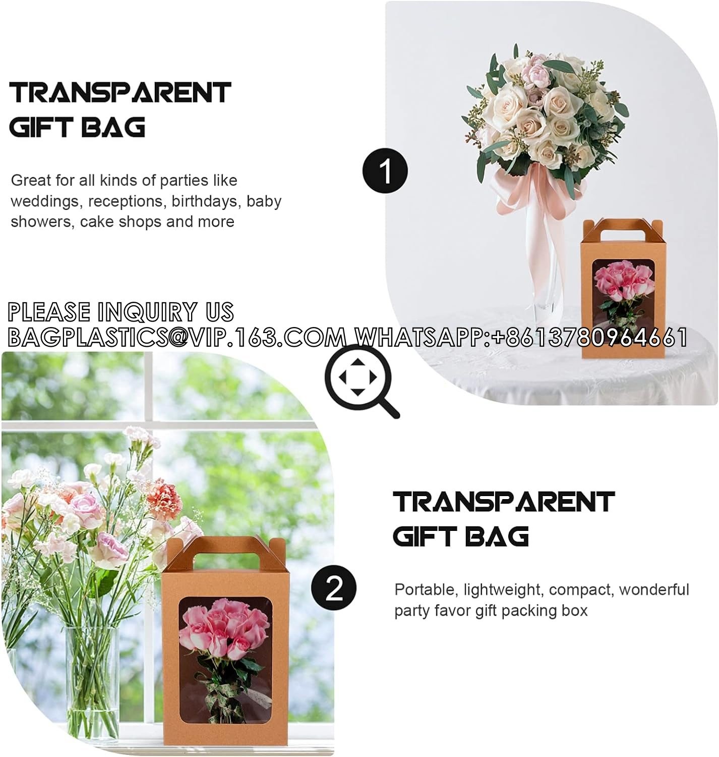Large Gift Boxes, Tote Paper Bags With Transparent Window Flower Bouquet Paper Gift Bags With Handles, Party Bag