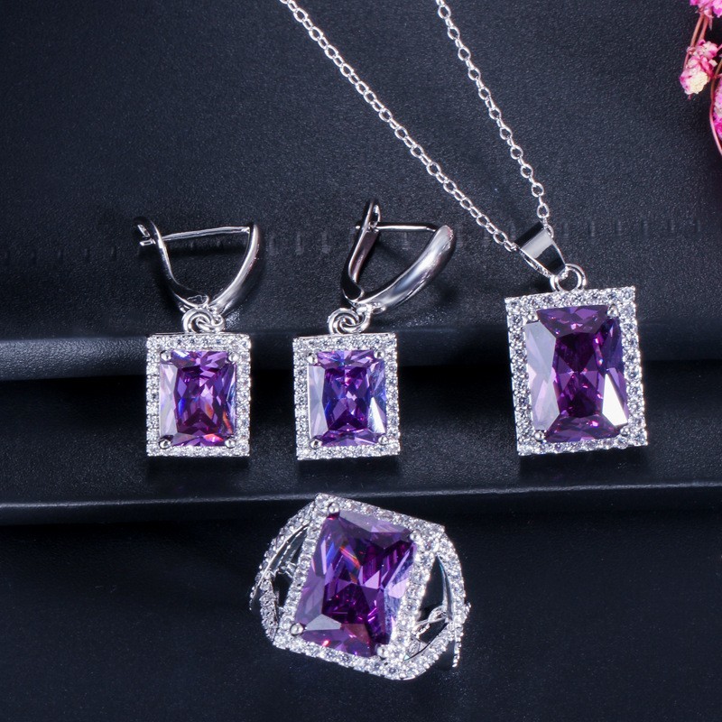 Fashion Square Shiny Rhinestones Necklace Ring Earrings Wedding Jewelry Elegant Luxury New Women Jewelry Sets