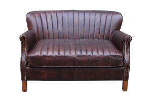 China ISO 2 Seat Leather Loveseat L122cm Vintage Leather Sofas With Lines And Rivets factory