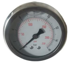 China 2-1/2 inch liuqid fillled Pressure Gauge, glycerine, silicone oil, stainless steel, 0-230psi/bar, 1/4 BSP back mount, factory