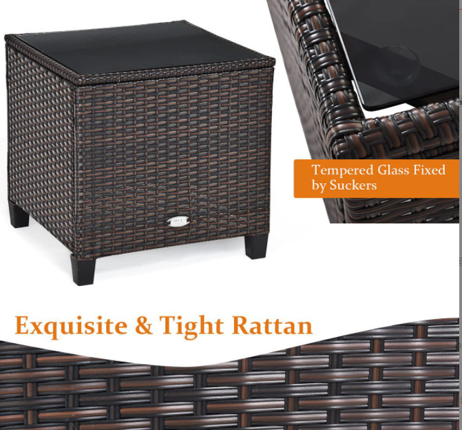 3pc Patio Wicker Bistro Conversation Patio Balcony Poolside-2 Cushioned Armchairs Glass Topped Table Outdoor Rattan Sofa