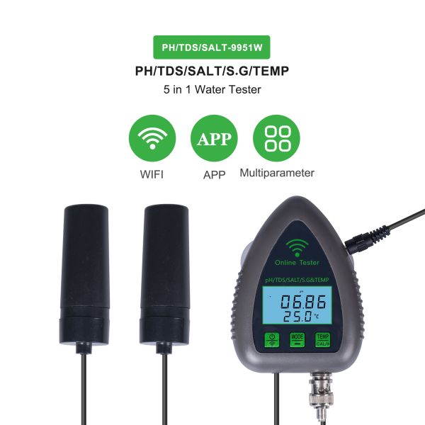 China Wifi Online Digital PH Meter 5 in 1 GS&TEMP&PH with 0-19900ppm TDS and 0-199.0ppt Salinity for Aquarium and Hydroponics factory