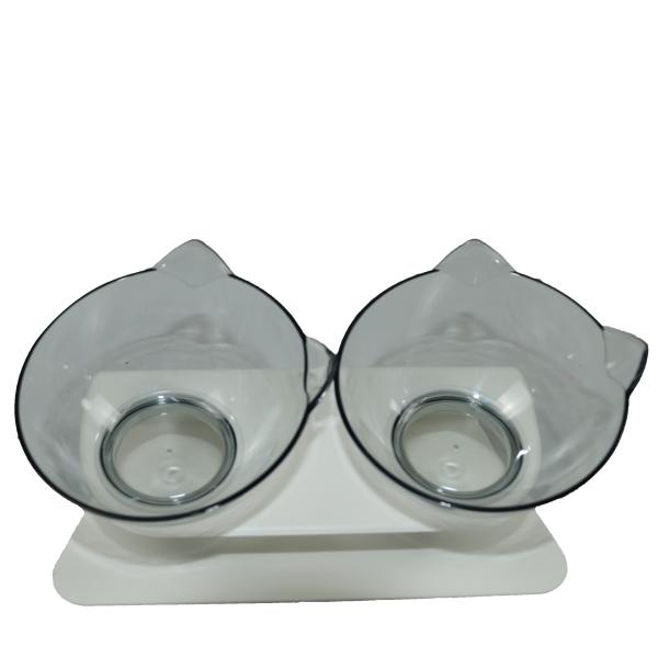 Non Slip 2 Double Cat Food Bowl Plastic Lovely Cat Ear Shaped Bevel Water Neck