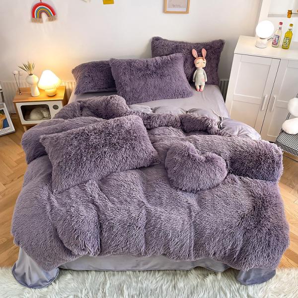 Princess Style Grey Purple Shaggy Warm Mink Velvet Crystal Duvet Cover Set for