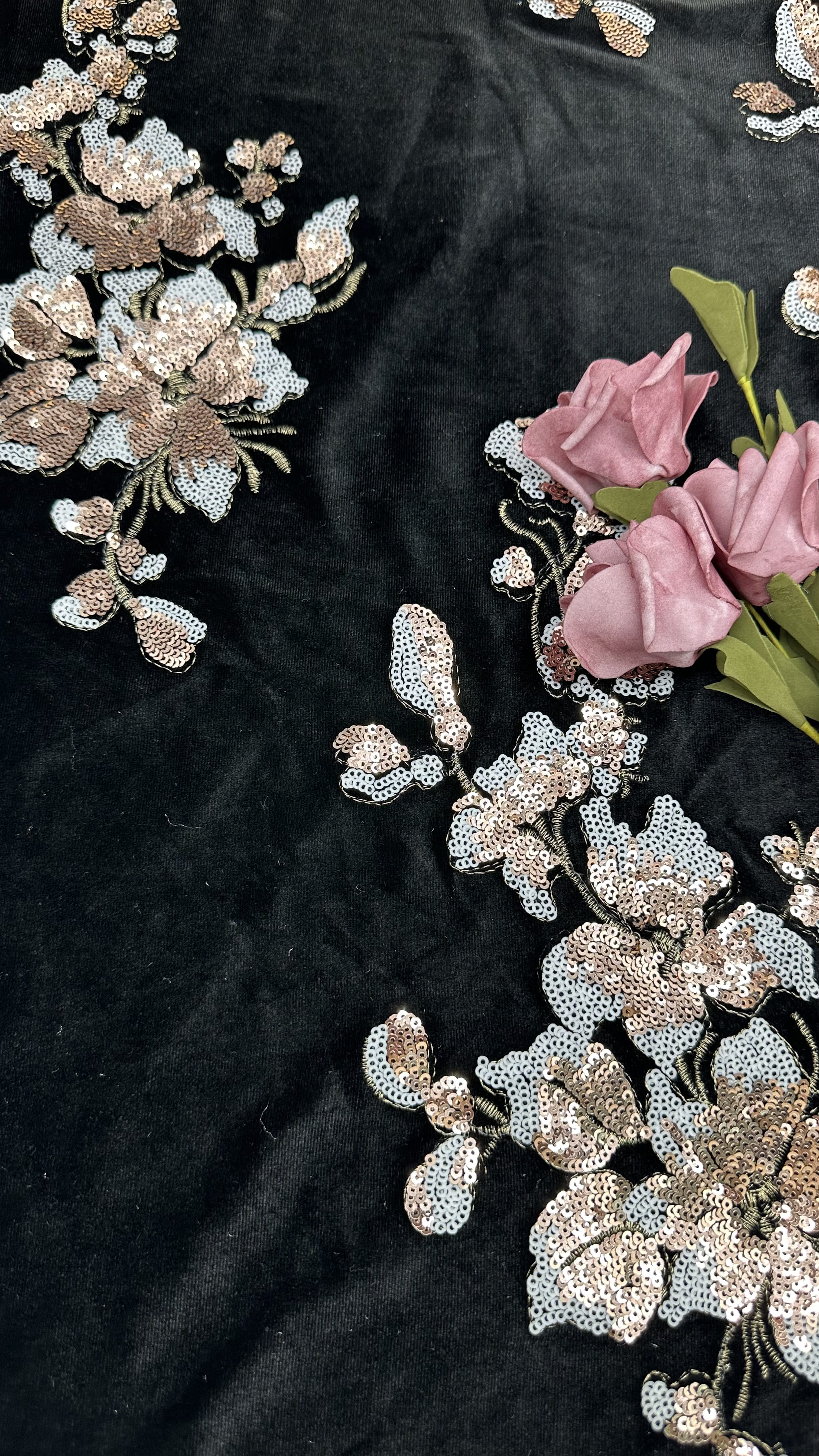 Velvet-Flocked Lace With Sequins Luxurious Textured Fabric For Glamorous Evening Gowns And Couture Creations