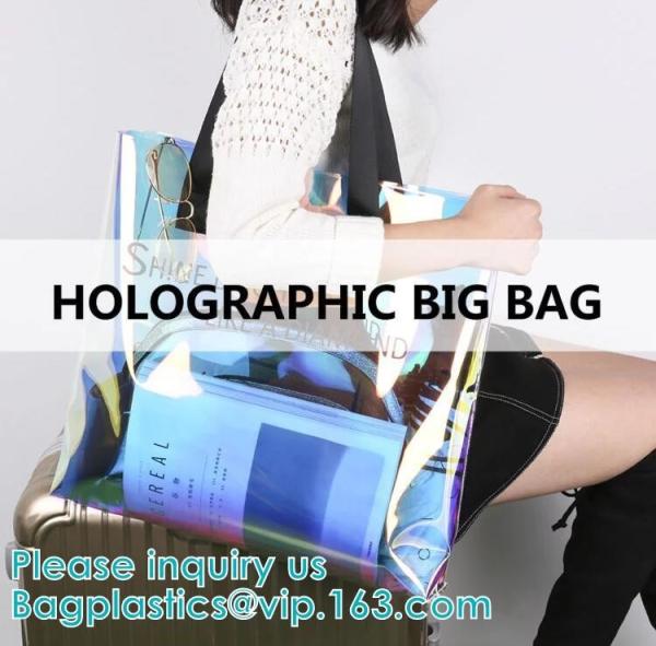 Neon Rainbow Hologram PVC Tote Bag custom holographic handbag PVC handle beach