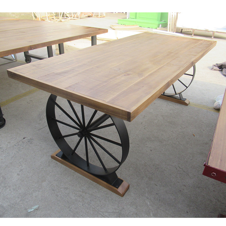 Metal Carriage Wheel solid pine wood dining table Restaurant Home