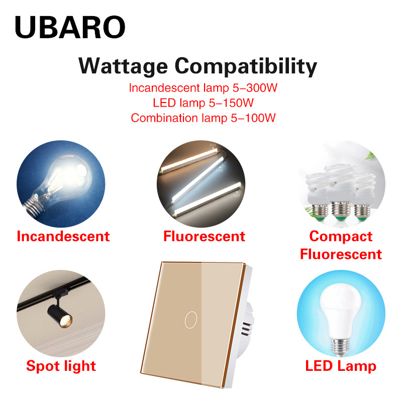 Gold Tempered Glass Panel Wall Touch Switch For Home Furniture Led Lamp 10A 5-300W/gang 220V