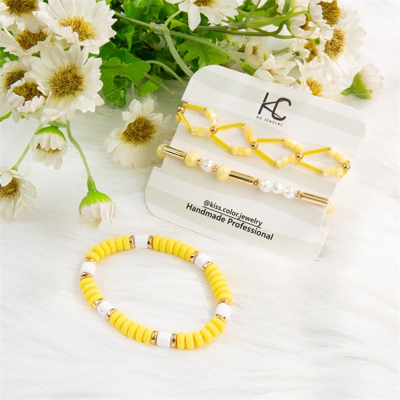 Geometric Golden Metal Tube Hand Craft Beads Bracelet Yellow Crystal Set