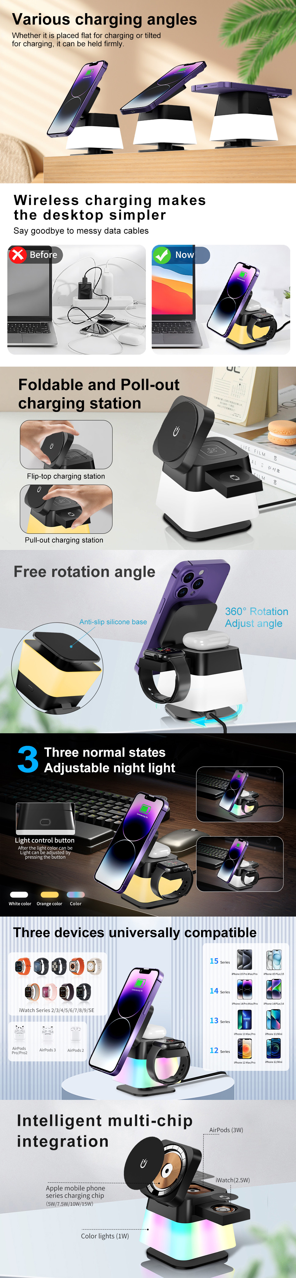 4-in-1 Wireless Charger For Apple Devices With Rotational Body & Foldable Top