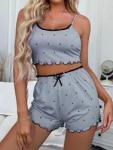 2pcs Soft Comfortable Sleepwear V-Neck Lace Floral Edge Sexy Pajamas For Women