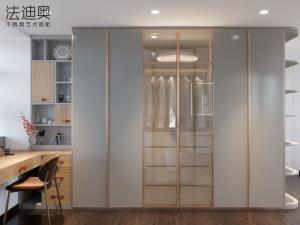 China Custom Size Gray Blue Modern Bedroom Wardrobe Furniture With Golden Accents factory
