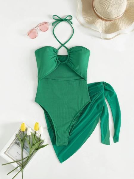 Deep V 3 Piece Bathing Suit Set Backless Fashion Three Piece Beachwear Bikini