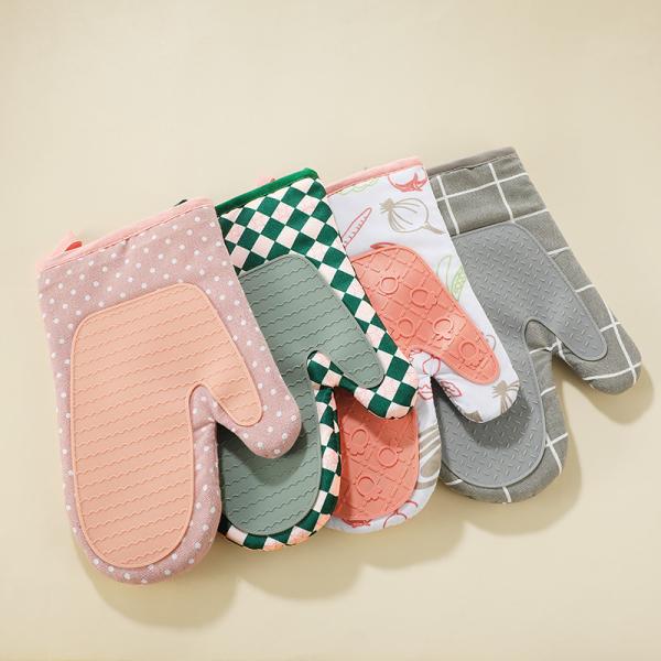 Oven Mitts Oven Gloves BBQ Gloves Silicone Thickened Cotton Double Layer Design Non-Slip Textured Grip Baking Gloves