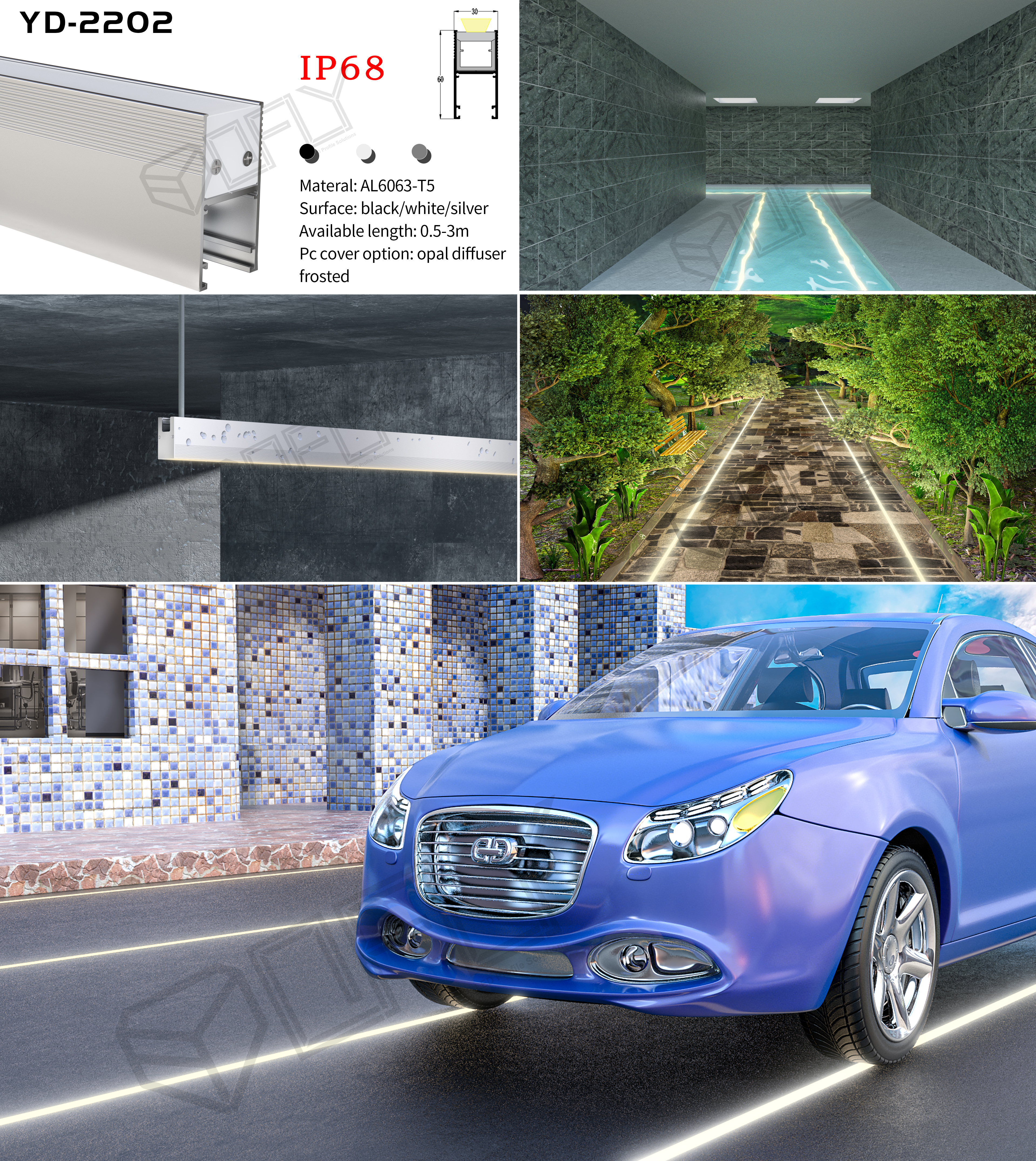 LED Aluminum Profile With Diffuser 60*30mm Recessed Mounted LED Channel
