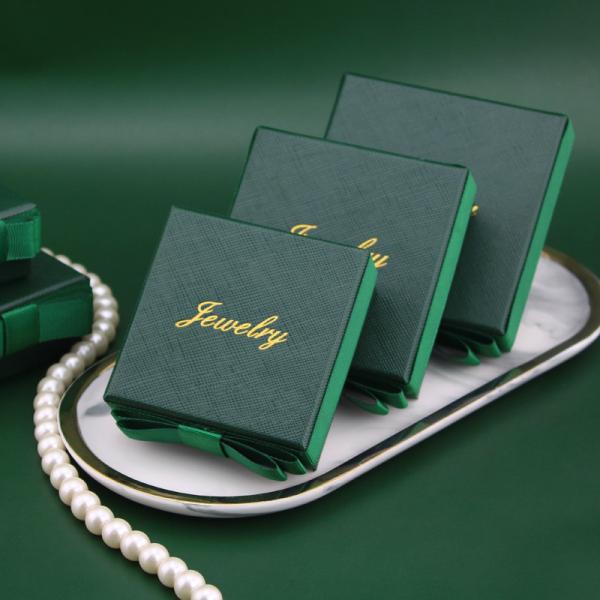Luxury Green Color Rigid Cardboard Gold Logo Set Jewelry Gift Box With Ribbon