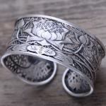 Vintage Handmade Engraved Designs Flower Sterling Silver Cuff Bracelet(058233)