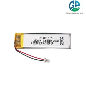 China High Discharge Rate Battery 30C Rechargeable 501447 Customized LED Li-Polymer 3.7v 280mah Lipo Battery factory