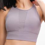 Mesh Stitching Womens Sports Bra Pull Round High Neck Gathered Shockproof
