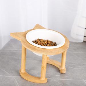 China Cat Protection Cervical Vertebra Double Bowl Raised Ceramic Bamboo Wood factory