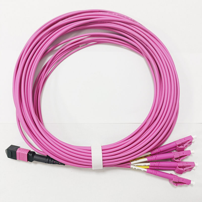 8 Fiber OM4 MPO to LC Patch Cord MPO to LC Fiber Optic Breakout Cable