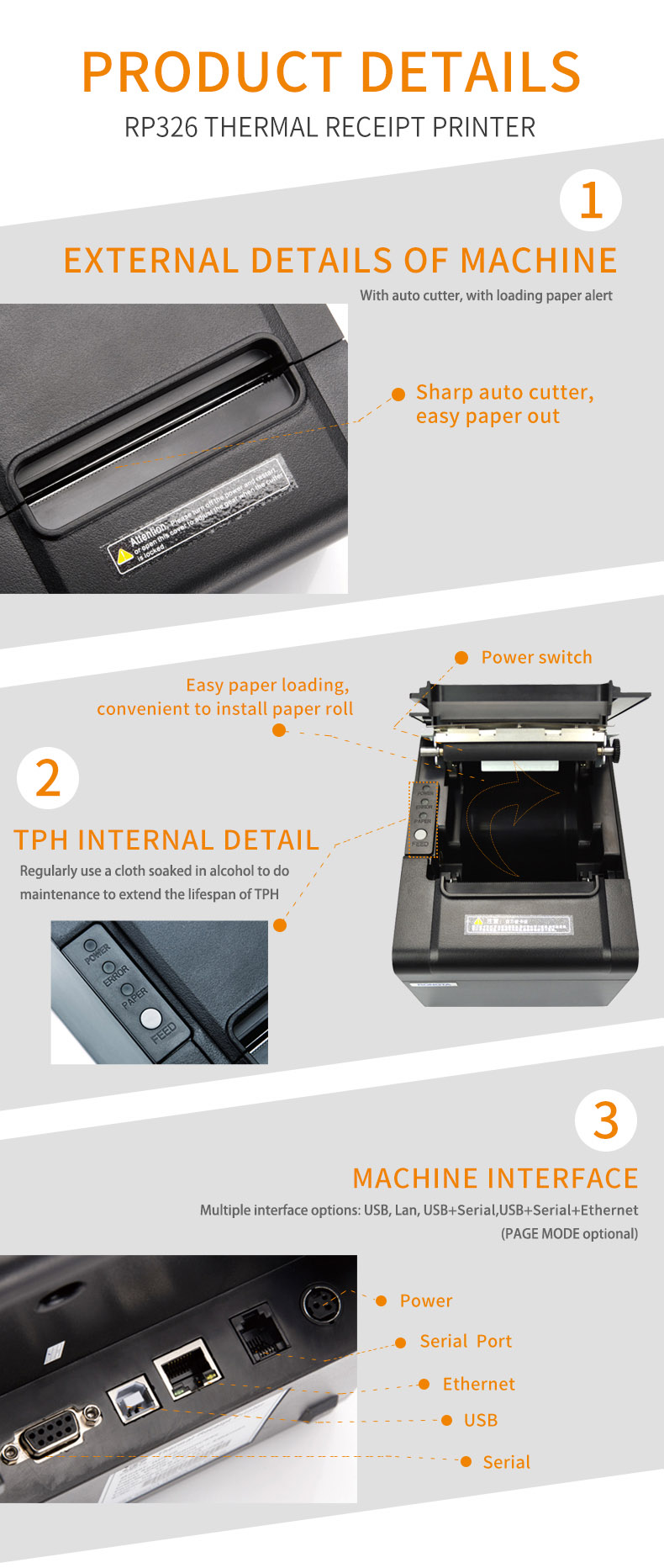 Easy Loading Thermal Receipt Printer RP326 Portable USB Ethernet Serial Parallel