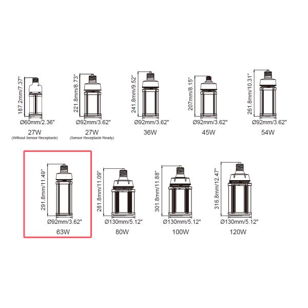 dimension for color temperature and power dual selectable LED corn bulb light