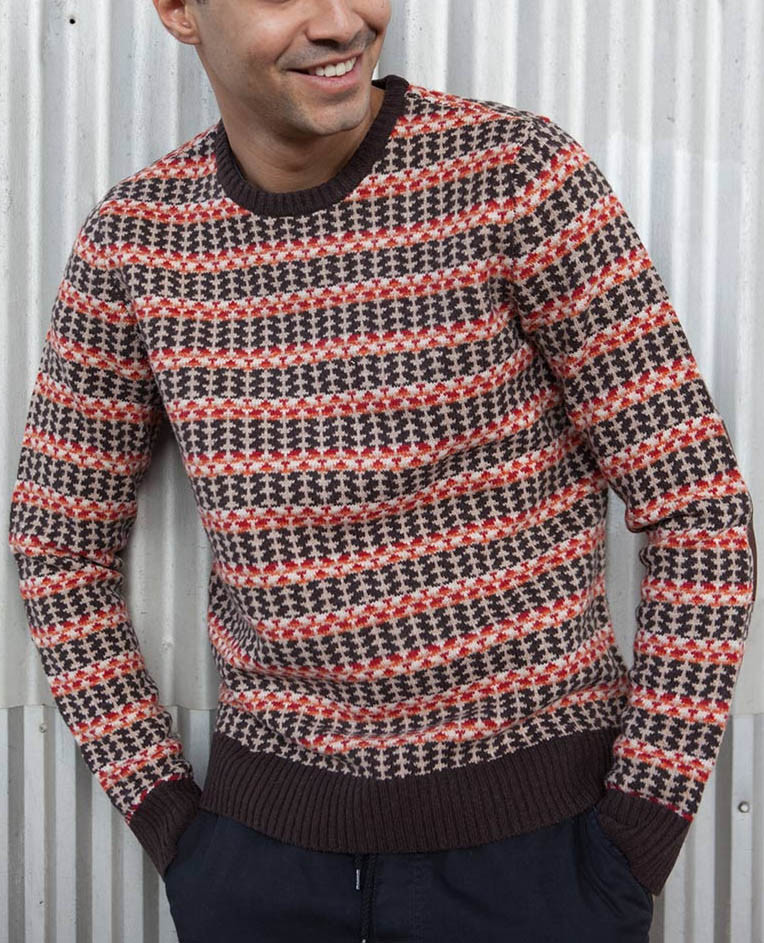 100 % Lambswool Jacquard Knit Sweater Fair Isle Floating For Male Striped