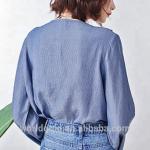 Breathable Young Ladies Long Ruffle Sleeves Tops Dark Blue Color Casual Style