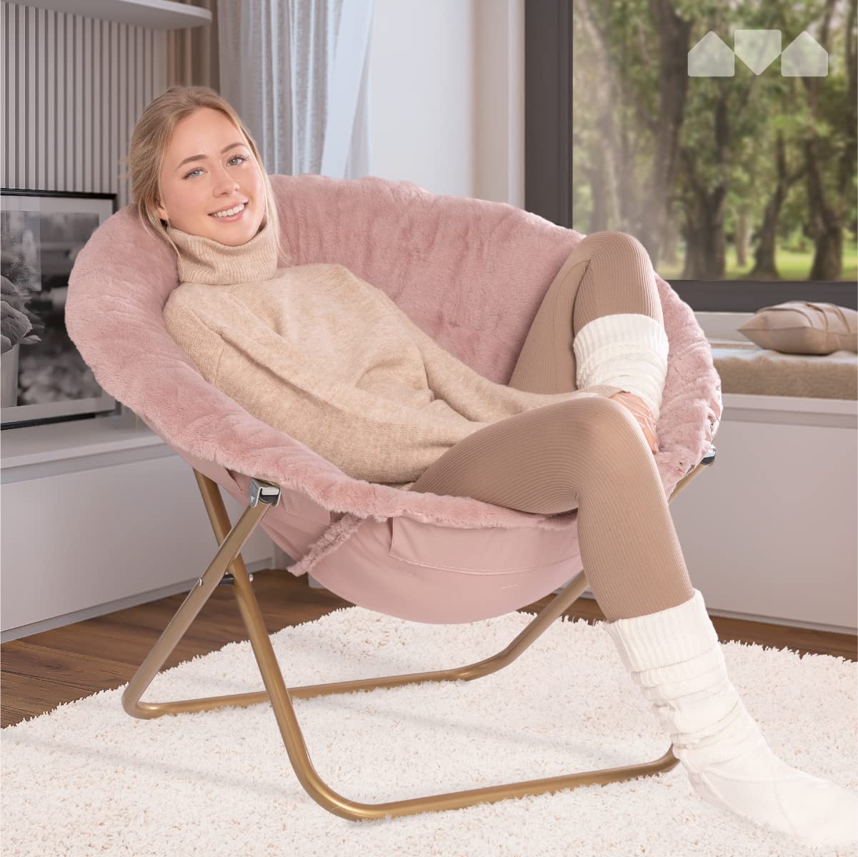 General Home Furniture Round Thickened Folding Recliner Moon Chair with Faux Fur