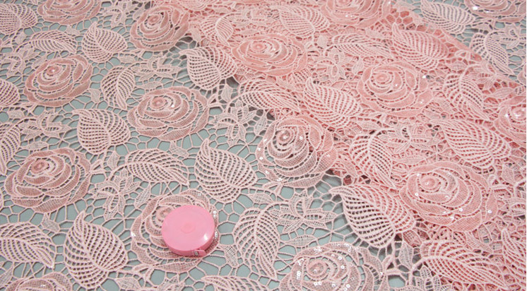 Chemical lace with Red/Pink /Orange Color + Embroidery Sequin Lace Fabric