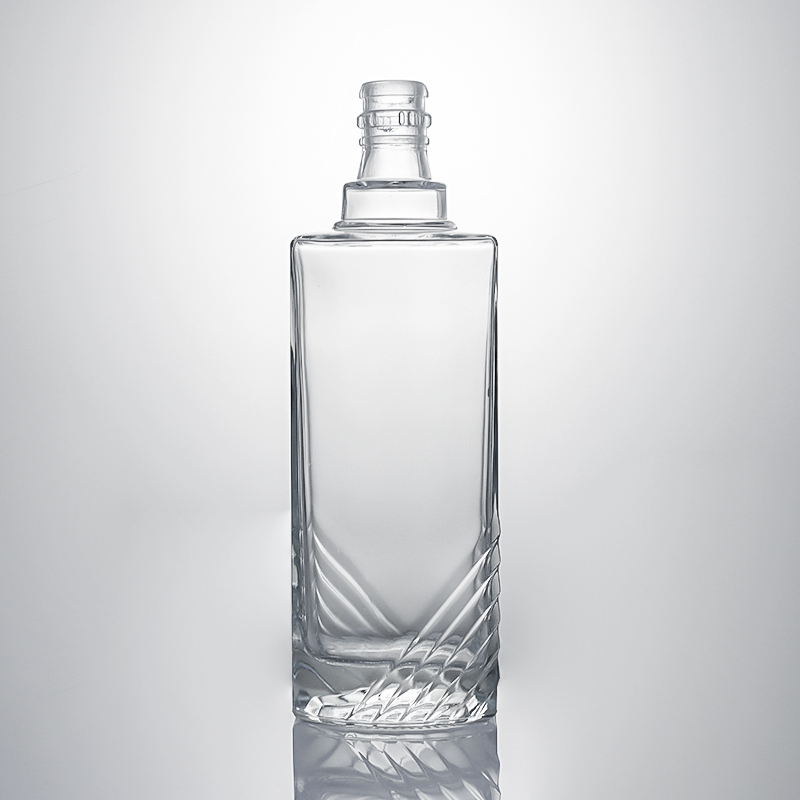 Clear Glass Liquor Bottle with Embossed Body and Cork Stopper