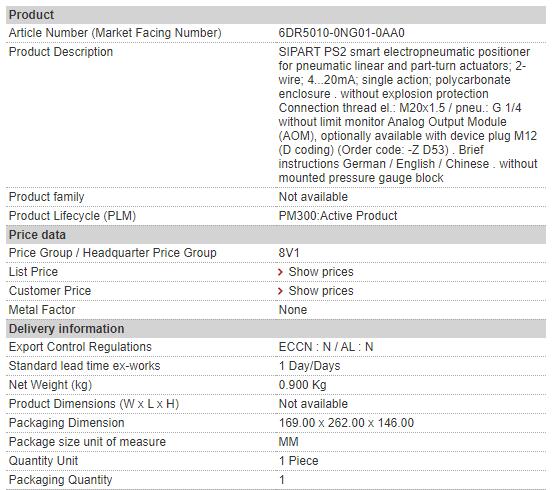 6DR5010-0NG01-0AA0 6DR5 010-0NG01-0AA0 Siemens Smart Electropneumatic Positioner