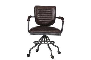China Vintage Brown Leather Office Desk Chair Small Space Swivel Wheel Legs Durable Iron Frame factory
