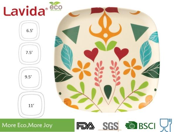 Customized pattern Big size Eco-friendly square Bamboo Fibre Dinner serving