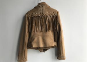 China Dark Brown Suede Ladies PU Jacket Belted Jacket Womens Macrame Decorated factory