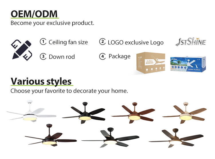 52inch Black ABS Blades 6 Speeds Remote Control LED Ceiling Fan Light with Copper Motor