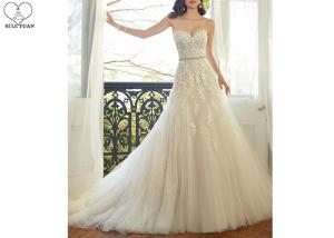 China Waist Beading Tulle A Line Bridal Gowns , Foliage Lace Strapless Wedding Gown factory