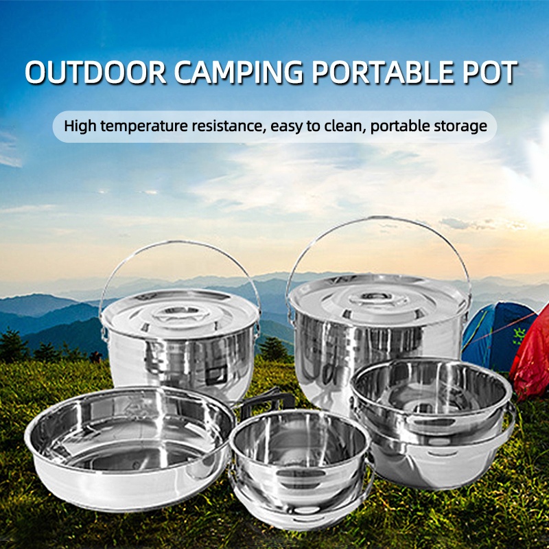 High Quality 9 Pieces Stainless Steel Outdoor Tableware Set Camping Cooking Pot Sets Outdoor Cookware Sets