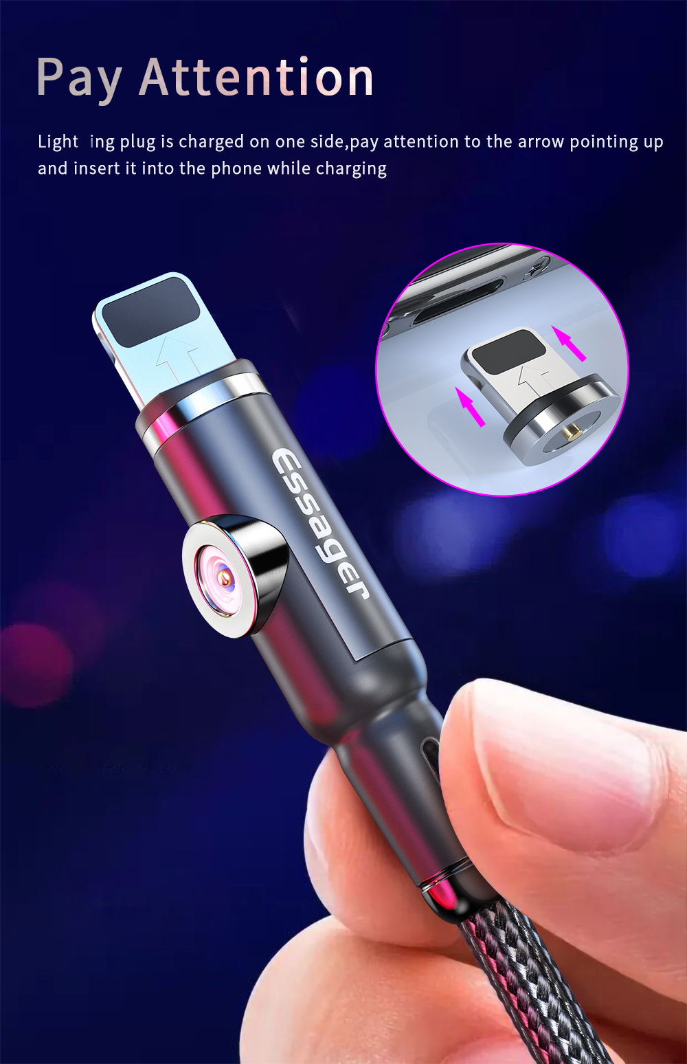Type C Micro USB IOS LED 3 In 1 Magnetic Charger Cable With Two Head Charging
