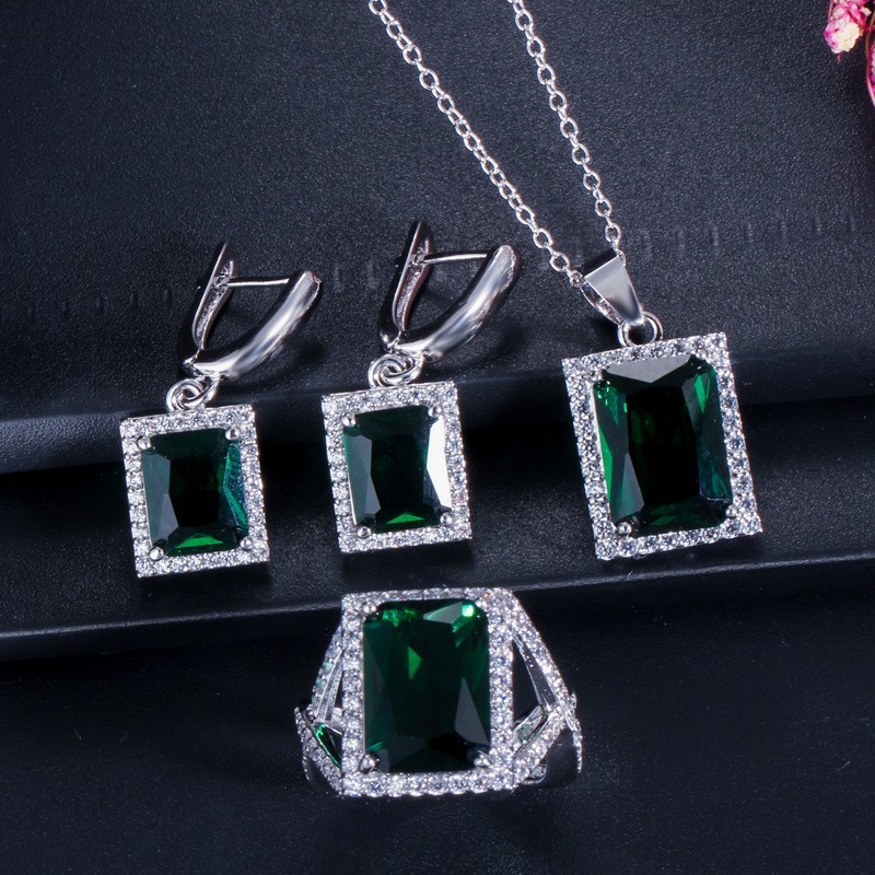 Fashion Square Shiny Rhinestones Necklace Ring Earrings Wedding Jewelry Elegant Luxury New Women Jewelry Sets