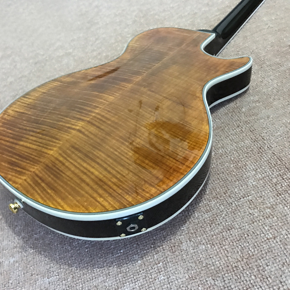 New high quality Custom LP left hand electric guitar, Ebony guitar, Flame Maple Top & Back, Double F hole, free shipping