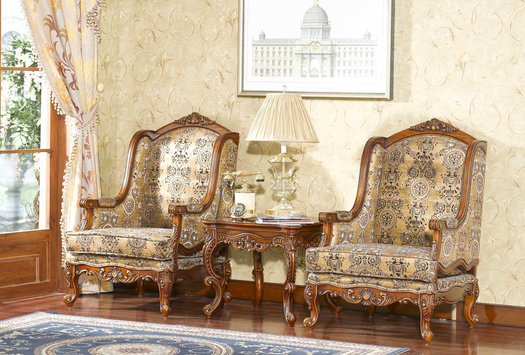 Hand Carved Modern Classic Leisure Armchair Solid Wood Vintage Upholstered Armchair