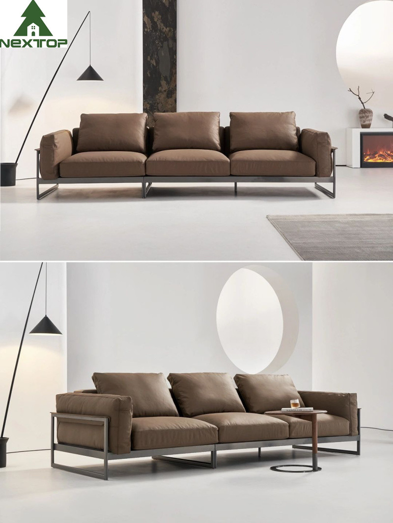 Living Leather Brown Hotel Room Sofa 3 Seaters Soft Reclining Sofa Metal Frame